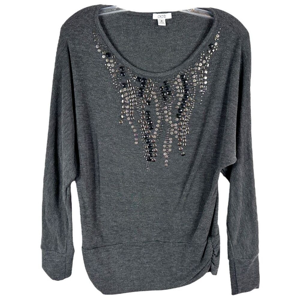 Cache Medium Top Gray Studded Knit Rhinestones Scoop Neck Stretch Women‎ 1338